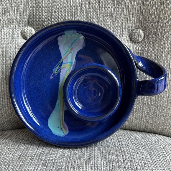 Studio Pottery Handmade Candle Holder Artist Signed Colbalt Blue w/ Pastel Swirl - Picture 8 of 9